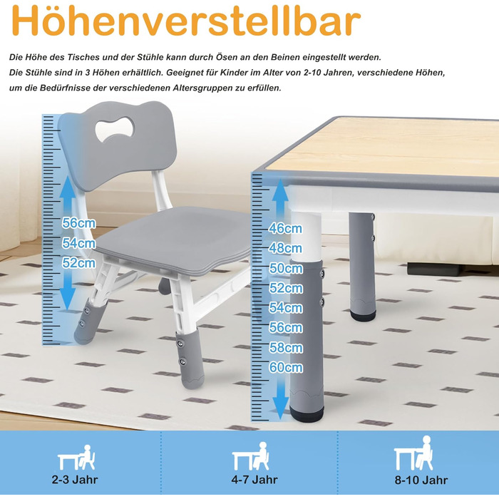 Дитячий стіл з 4 стільцями AufuN, регульована висота, комплект для дитячої кімнати, садка, класу. Легко миється, пластикові меблі (сірий)