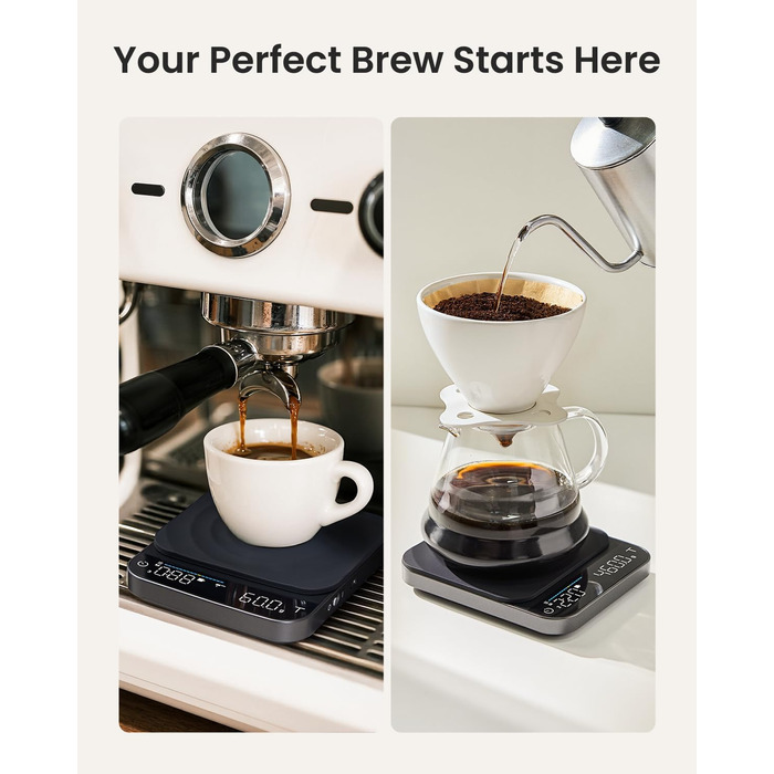 Електрична вага для кави RENPHO з таймером, перезаряджувана, точність 0,1г/3кг, автоматичний таймер, портативна вага для приготування кави Pour-Over та Filter, чорний, 192*167 мм