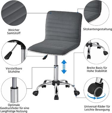 Офісне крісло Yaheetech без підлокітників, ергономічне, з регулюванням висоти, поворотне на 360°, з м'якою оббивкою з велюру, сірого кольору