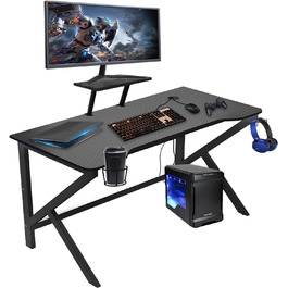 Ігровий стіл 100 x 55 см з карбону, ергономічний, зі шторками для навушників та тримачем для напоїв, чорний