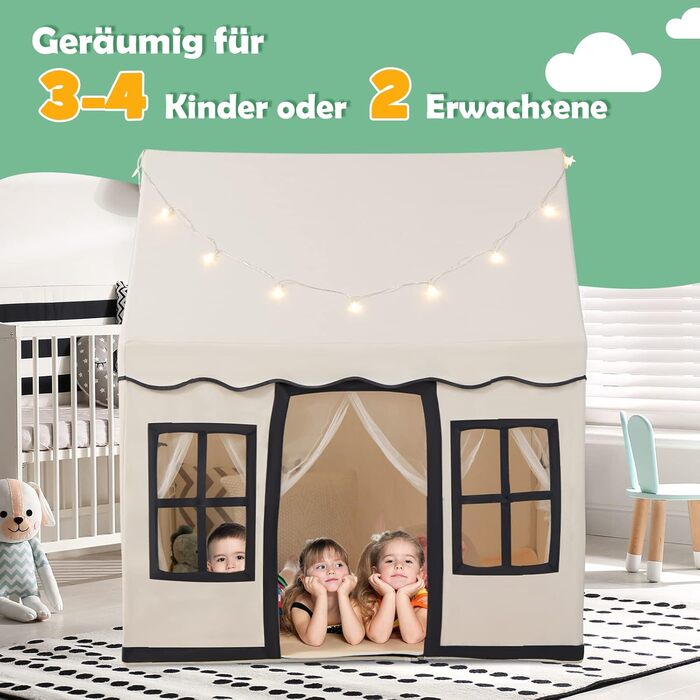 Дитячий намет DREAMADE з гірляндою та килимком, намет Тіпі, дитячий будиночок з вікнами, намет для хлопчиків та дівчаток, для дому та вулиці (Бежевий + Чорний)