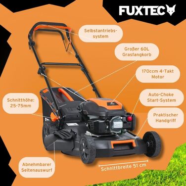 Бензиновий газонокосарка FUXTEC FX-RM5196 4в1 з Edge-Cut, самохідний, 51 см, 170 ccm, 60л травоспікач