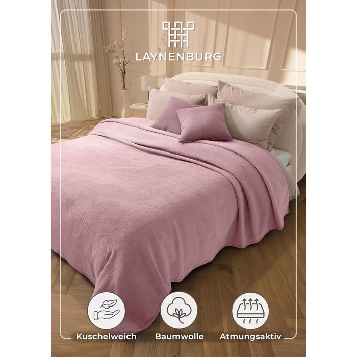 Ковдра LAYENBURG Premium з бавовни, Oeko-Tex 100, 150x200 см, пудрово-рожева. М'яка пледова ковдра для дому, дивана та ліжка. Бавовняний мікс, тепла та затишна.