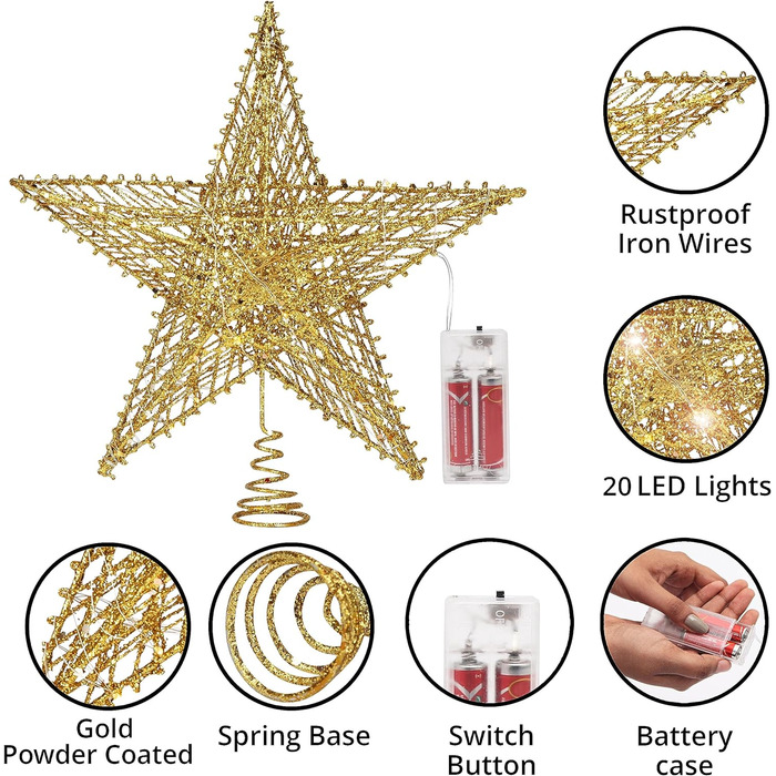 Світлодіодна зірка Belle Vous Gold - 26 см - Блискуча металева ялинкова іграшка - Різдвяна вечірка / прикраса приміщення - Працює від батарейок