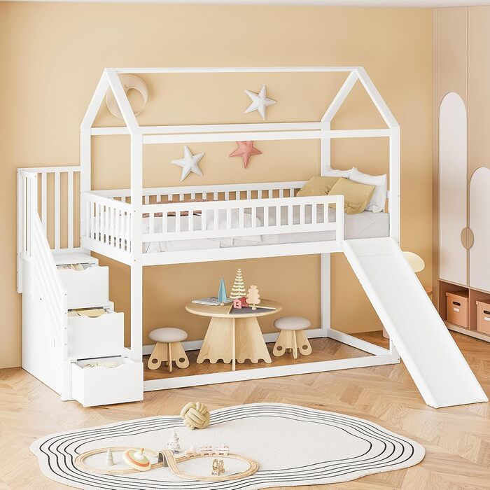 Двоярусне ліжко для дітей з драбиною, біле. Ліжко-горище, ліжко-ігровий майданчик, ліжко-крісла для підлітків, каркас двоярусного ліжка з ламелями, без матрацу.