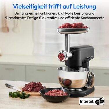Кухонна машина MEDION MD12600: м'ясоподрібнювач, 4.6л чаша з нержавіючої сталі, тихий DC-двигун, 800 Вт, набір дисків для тертя, шинкування та нарізання, сенсорний дисплей, міксер, тістоміс