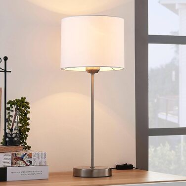 Настільна лампа Lindby з абажуром з тканини, біла. Ідеально для спальні, цоколь E27, 60W.