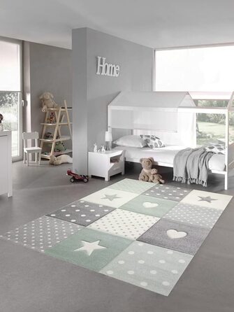Килим-мрія для дитячої кімнати, ігровий килим і дитячий килим, дизайн у вигляді зірочок у формі серця, рожевий, білий, сірий Розмір (160x230 см, зелений, сірий, кремовий)