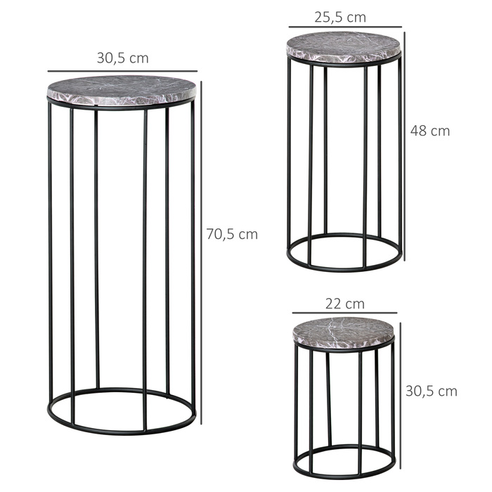 Набір з 3 металевих підставок для квітів, підставка для рослин з імітацією мармуру, табурети для квітів, тримачі для квіткових горщиків, стелажі для квітів, штабельовані табурети для квітів для горщиків, чорний+сірий