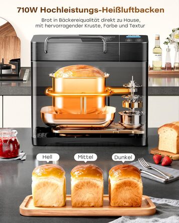 Преміум хлібопекарка Konvektions-Brotbackautomat 710W з керамічною формою, 17 функцій, диспенсер для горіхів, сталь, чорна