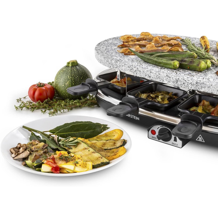 Раклет Klarstein Steaklette All-U-Can-Grill - 1500 Вт, 8 осіб з каструлею, плавно регульована температура, 4-в-1, без підставки та дерев'яної лопатки Гриль 4-в-1 без підставки та дерев'яної лопатки