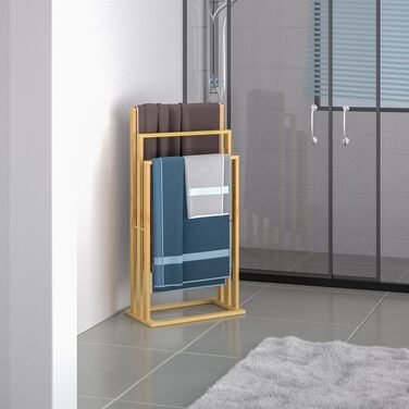Підставка для рушників CASARIA® бамбукова, дерев'яна, на 3 стійки, 82 x 40 x 24 см, з полицею, для ванної кімнати, без свердління, сходинкова
