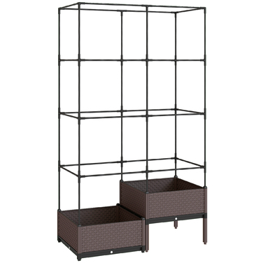 Підвищений грядок з решіткою для підтримки рослин, дренажними отворами та пластиковими горщиками, розміром 100 x 50 x 174 см