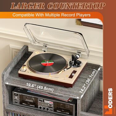 Стіл для програвача, стійка для вінілових пластинок середини століття з місцем для зберігання до 350+ альбомів, шафа для вінілу з регульованими полицями (Сірий)