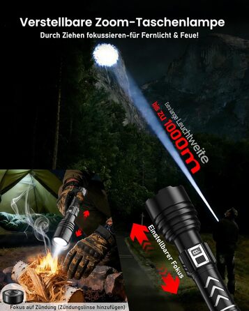 Потужний тактичний ліхтарик Shadowhawk LED 1 000 000 Лм, 50Вт, акумулятор 6000mAh, дальність 1000м, LCD-дисплей, функція розпалювання вогню, чорний — для кемпінгу та виживання