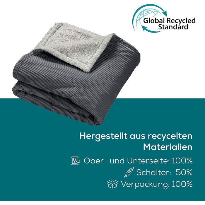 Електрична ковдра Beurer HD 80 з 6 рівнями нагріву, автоматичним вимкненням та системою безпеки, з матеріалів вторинної переробки, Cord Dark Grey