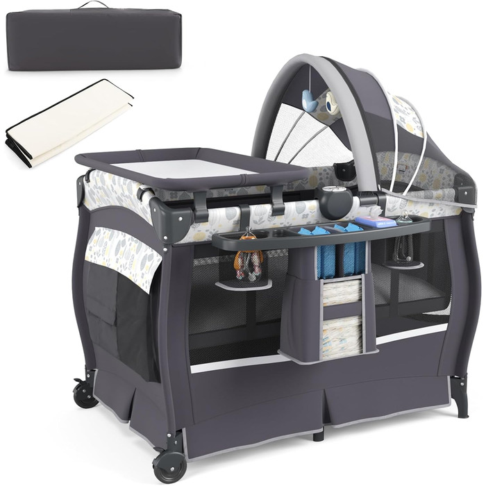 Дитяче туристичне ліжко COSTWAY 5-в-1 з матрацом, функція ліжка-гойдалки, пеленальний столик, музична шкатулка та сумка для перенесення, до 15 кг