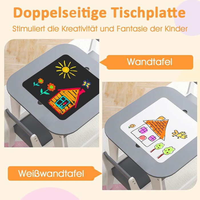 Дитячий стіл DREAMADE з 2 стільцями: комплект меблів для дитячої кімнати з двосторонньою стільницею та місцем для зберігання, 3-ох частинний набір для дітей від 3 років, підходить для дитячих кімнат та садочків (натуральний+білий) (сірий+білий)