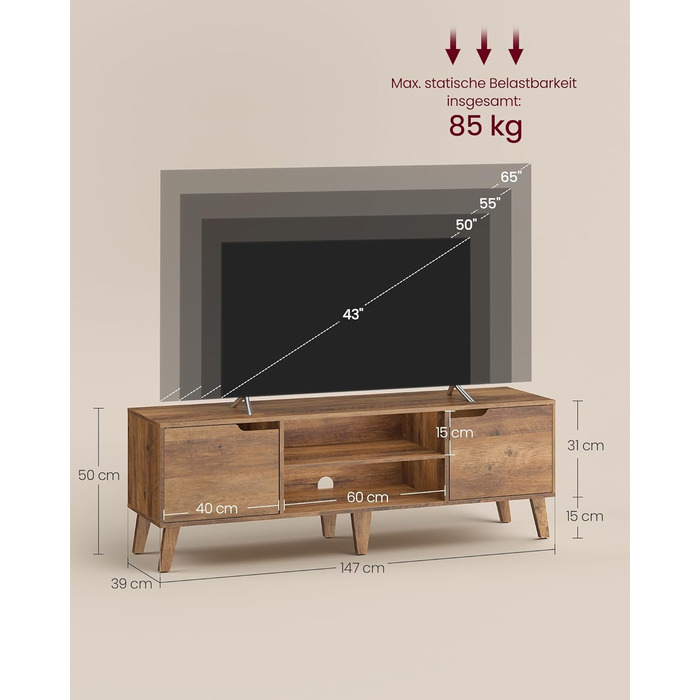 Тумба під телевізор VASAGLE LTV556K01, 147 см, для ТВ до 65 дюймів, колір медовий браун, стиль перехідний