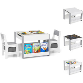 Дитячий столик Dreamade 4 в 1 з 2 стільцями: дерев'яний набір для ігор з дошками, полицями та коробками (сірий)