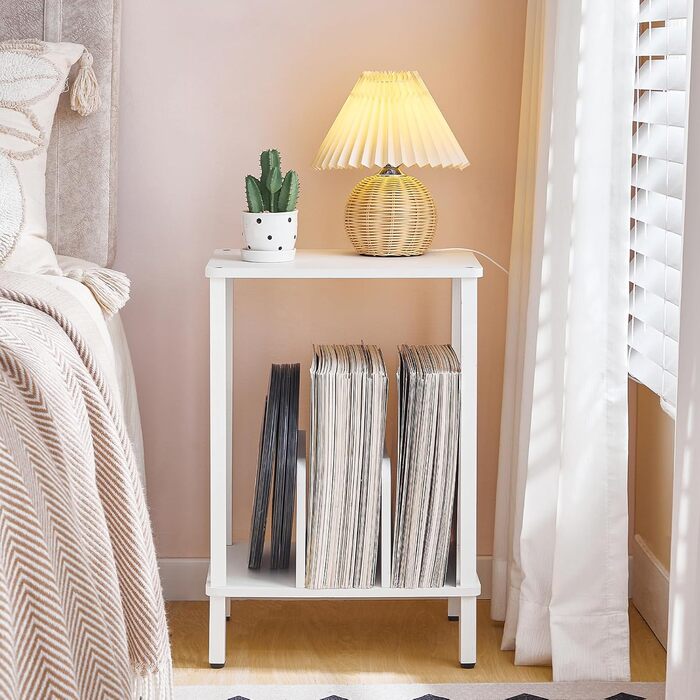 HOOBRO Стійка для програвачів, полиця для платівок, приліжкова тумбочка, полиця для платівок з перегородками, органайзер для платівок, до 100 альбомів, для вітальні, EBK05RS01 (Білий)
