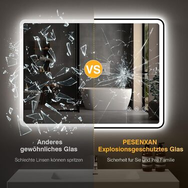 LED дзеркало для ванної кімнати 80x60 см з підсвічуванням, диммер, протитуманне покриття, 3 кольори світла, IP44, функція пам'яті, горизонтальний/вертикальний монтаж