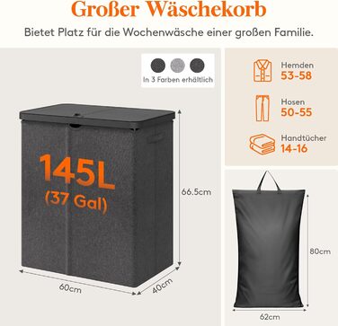 Кошик для білизни з кришкою Lifewit, великий кошик для білизни з пластиковим каркасом, складний, 145л, темно-сірий