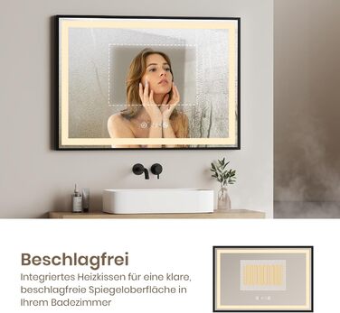 Дзеркало для ванної кімнати EMKE з підсвіткою 70x50 см, чорне, з сенсорним керуванням, регулюванням яскравості, протитуманним покриттям, годинником, функцією пам'яті та нейтральним світлом 4300K, енергозберігаюче, вологостійке (IP44)