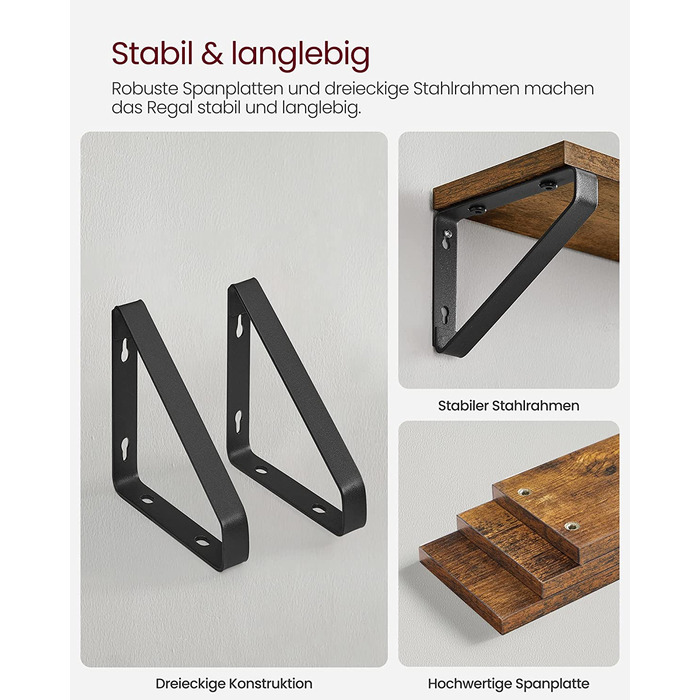 Настінна полиця VASAGLE, 6 шт. у наборі, 30/35/40 см, вінтажний коричневий + матовий чорний, для вітальні, кухні, кабінету, ванної кімнати