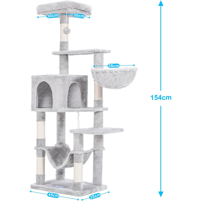 Кігтеточка Hey-brother 154 см, стійка, з сизалевою мотузкою, гамак, кошик, будиночок, платформа, світло-сірий