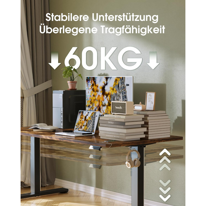 Електричний регульований стіл Flamaker з пам'яттю, ігрова модель, 160 x 60 см (Бежевий+Білий, Вінтажний Коричневий)