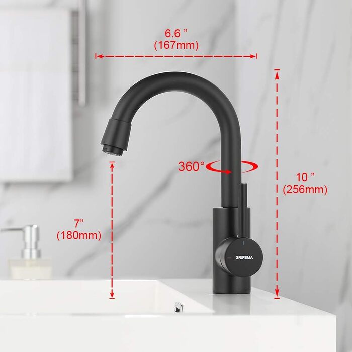 Змішувач для ванної кімнати GRIFEMA - поворотний на 360°, одноlever, нержавіюча сталь, 180 мм, гаряча та холодна вода, економія води, проста установка, з'єднання 3/8″, для гостьового туалету, G1002A (Чорний)