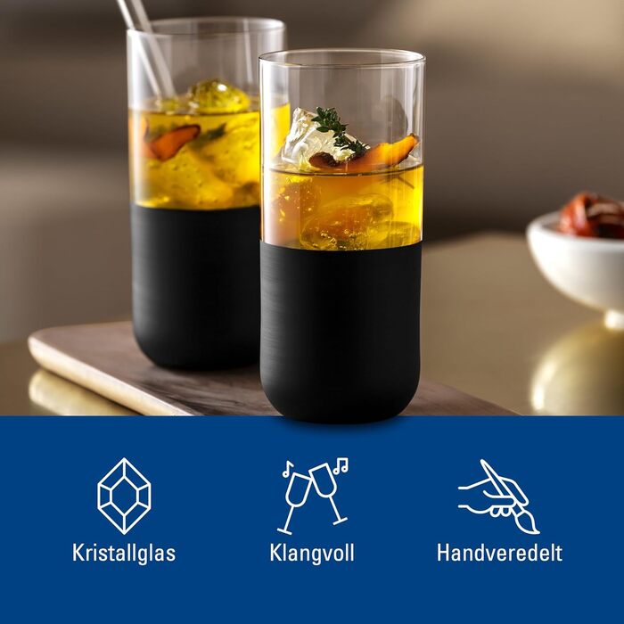 Набір склянок Villeroy & Boch Manufacture Rock: 4 шт, 300 мл, матовий чорний, ручне розписування, для коктейлів, лонгдрінків, мохіто, кайпіріньї, кришталеве скло