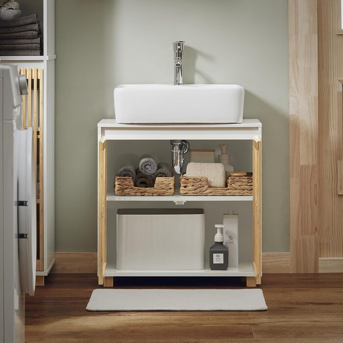 Тумбочка для ванної кімнати SoBuy, вузька, 30 см, з бамбуковими дверцятами, вологостійка, 33x165x33 см, BZR127-W (нижній шафчик)