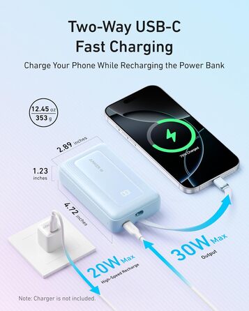 Powerbank Anker Zolo (2025 Upgrade) 20000mAh 30W з USB-C кабелем. Підходить для iPhone, Galaxy та інших пристроїв. Білий