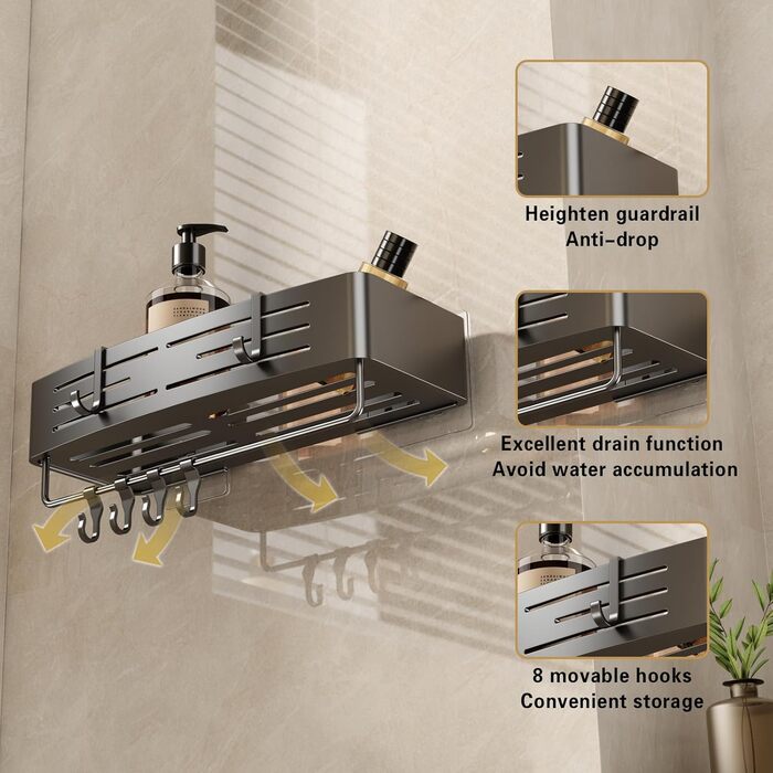 Поличка для душу Voldra без свердління, кутова поличка для ванної кімнати з присосками, металева поличка для душу з тримачем для рушників (2 шт., сіра)