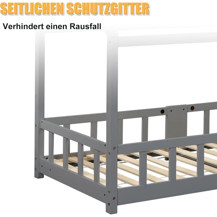 Дитяче ліжко-будиночок Moimhear 90x200 см, сірий колір, з соснового дерева, для дітей