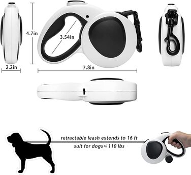 Міцний висувний повідець для собак TOPETZON, дозатор і пакети для корму, 4,9 м, міцна нейлонова стрічка, витримує навантаження до 50 кг, світловідбиваючий повідець без заплутування на 360 , нормальний