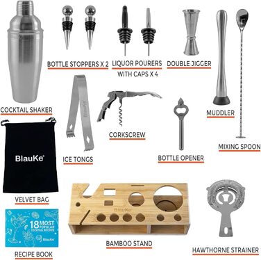 Коктейльний набір 17 шт. Шейкер з нержавіючої сталі 750 мл з книгою рецептів, мірний стакан, ложка, ситечко, дерев'яна підставка BlauKe