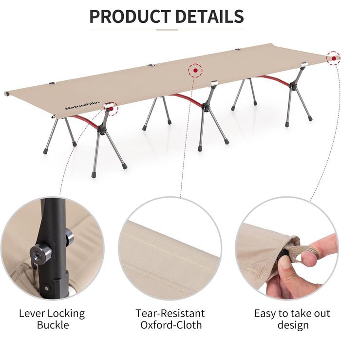 Польове ліжко Naturehike Ultralight: складане кемпінгове ліжко, витримує до 150 кг, регульована висота, бежеве