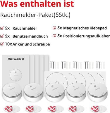 Датчики диму Rauchmelder з магнітним кріпленням, 10 років роботи від батареї, з функцією вимкнення/тестування, сертифіковано TÜV EN 14604 (5 шт.)