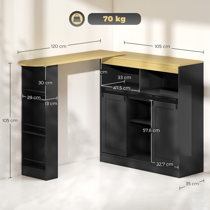 HOMCOM Висувний барний стіл, обертається на 360°, з місцем для зберігання, стіл для сніданків, бістро стіл, кухонна стійка з 8 полицями та 2 розсувними дверцятами для їдальні 187,5 x 35 x 105 см Чорний | Aosom