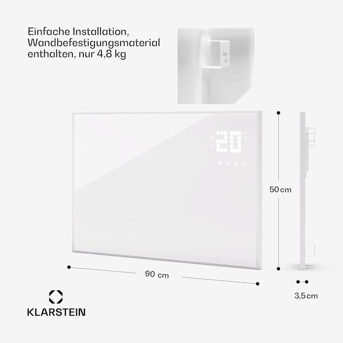 Інфрачервоний обігрівач Klarstein з терморегулятором, електричний обігрівач 320 Вт, інфрачервоний обігрівач для розумного будинку для настінного монтажу, ІЧ з керуванням додатком і виявленням відкритих вікон, вологозахищений радіатор без CO2 (480 Вт, біли