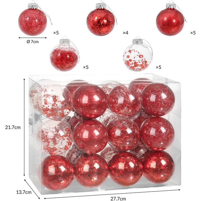 Різдвяні дрібнички Casaria 24 шт. ø пластикові нестандартного наповнення не б'ються прозорі Різдвяні дрібнички різдвяні прикраси (7 см, червоний)