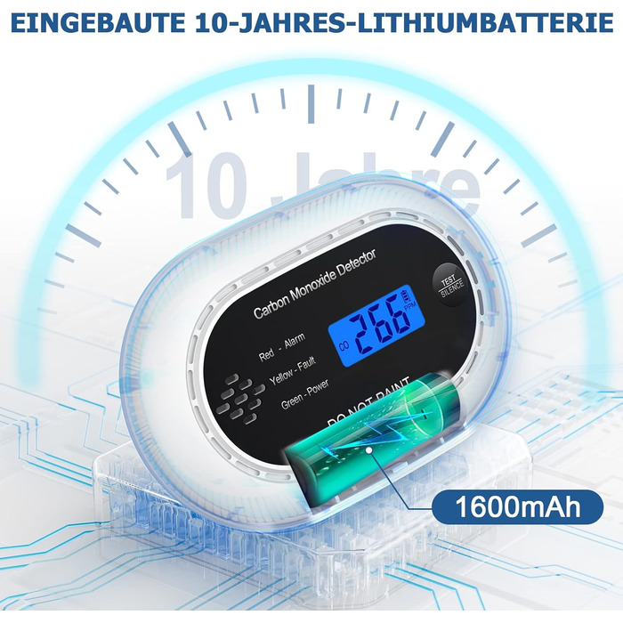 Детектор чадного газу з батареєю на 10 років, LCD-дисплеєм, акустичним сигналом 85dB, функцією вимкнення звуку, для безпеки вдома, EN50291, автономний, чорний