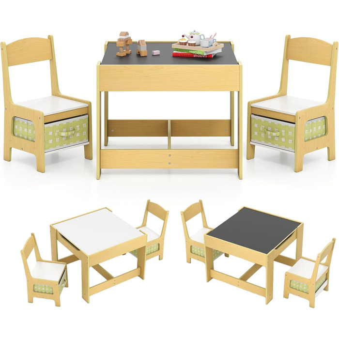 Дитячий меблевий набір GOPLUS 3 в 1: стіл та 2 стільці для дітей, дерев'яний, з місцем для зберігання, ідеально для дому, зелений