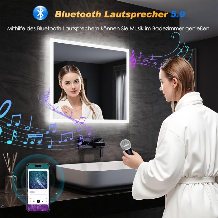 Дзеркало для ванної кімнати SONNI LED 50x70 см з LED-підсвічуванням, сенсорним керуванням, 3 кольори світла, проти запотівання та функцією пам'яті. Білий колір.