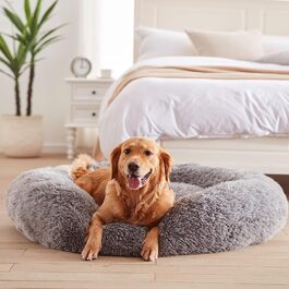 М'ЯКЕ ліжко для собак PETORREY, м'яке ліжко для кішок зі штучного хутра, м'яке ліжко для пончиків, зігріваюча і зручна зручне ліжко для домашніх тварин для великих, середніх, маленьких собак і кішок (86 см) (86*86*20 см) світло-сірого кольору