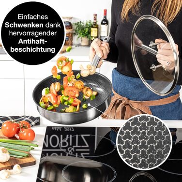 Сковорода з нержавіючої сталі Moritz & Moritz з кришкою 28 см з керамічним покриттям нового покоління - підходить для всіх типів плит - антипригарна сковорода з вафельною структурою для приготування, смаження та тушкування. Діаметр 28 см