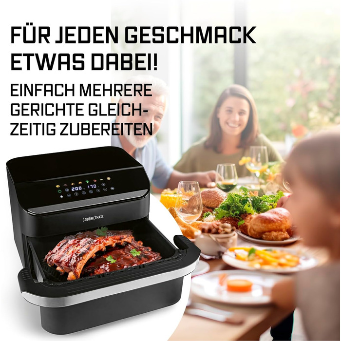 Фритюрниця повітряна Gourmetmaxx FryUp з двома камерами | 10 літрів | Чорний колір | Дисплей Touch | Економія місця